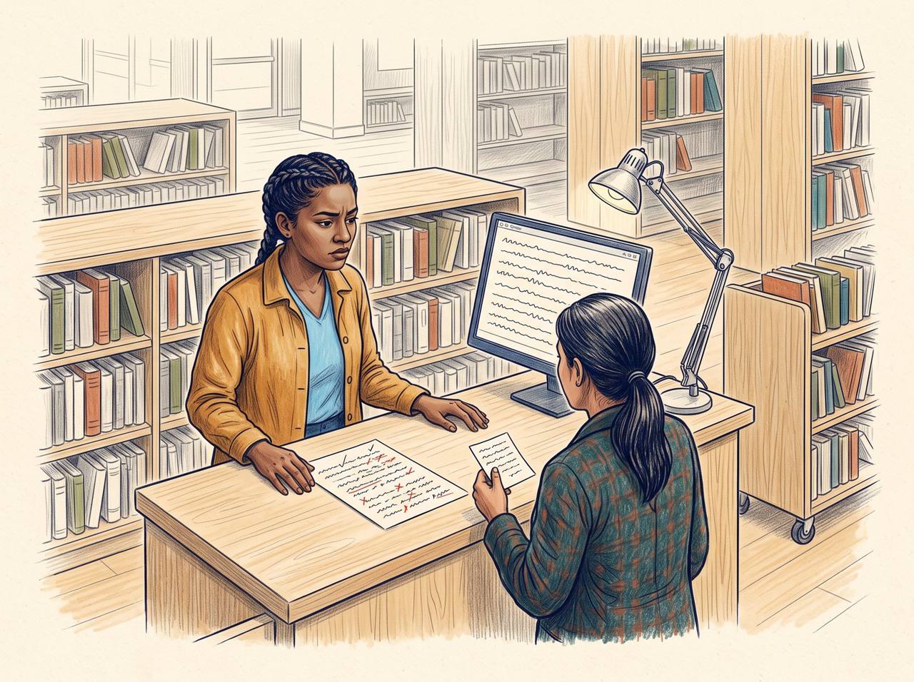 Noemí, de pie junto al mostrador de la biblioteca, mira la pantalla del catálogo mientras una visitante espera; sobre el mostrador, el cuestionario resuelto con una calificación alta.