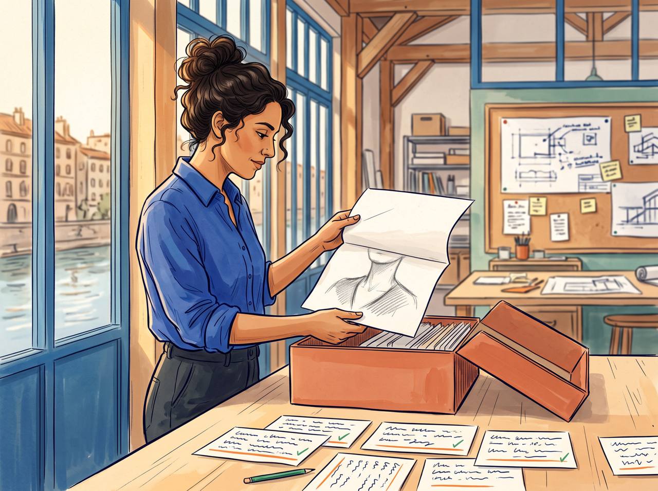 Mara baja el retrato ya doblado en dos hacia una caja de archivo abierta, mientras las siete fichas quedan sobre la mesa con anotaciones a mano.