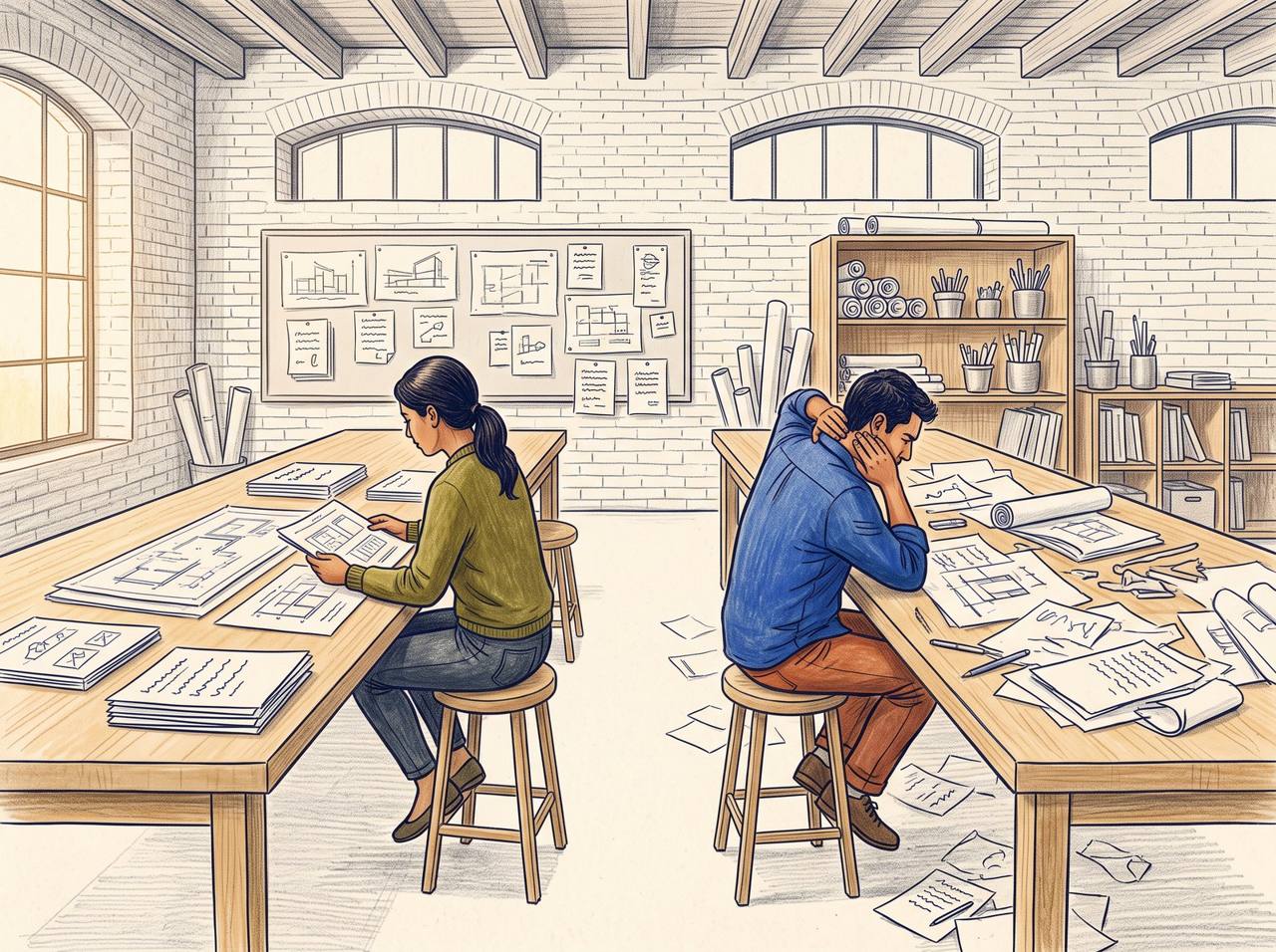 Dos mesas paralelas en el taller: en una, alguien estudia un caso ya resuelto; en la otra, alguien intenta resolver uno desde cero.