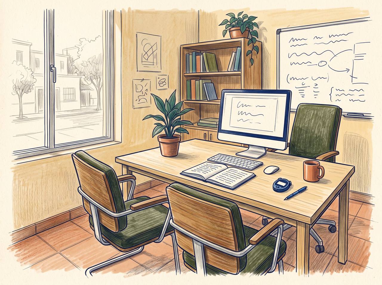 Una sala con dos sillas frente a una computadora, un cuaderno abierto y un cronómetro sobre la mesa de trabajo.