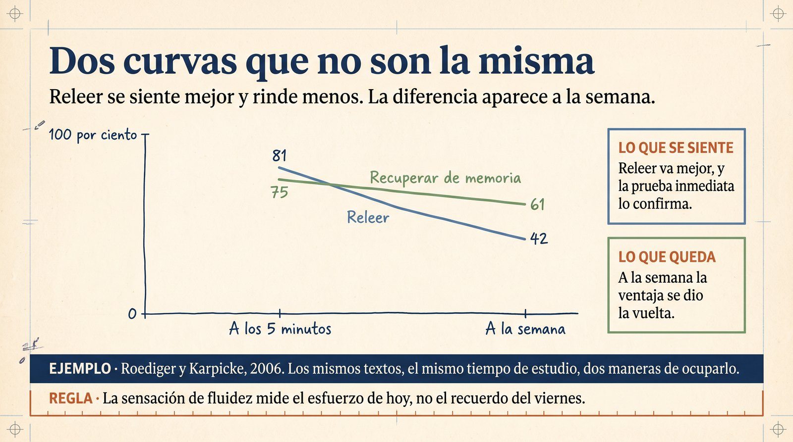 Infografía: la curva de la fluidez frente a la curva de la recuperación, con los porcentajes de Roediger y Karpicke a los cinco minutos y a la semana.