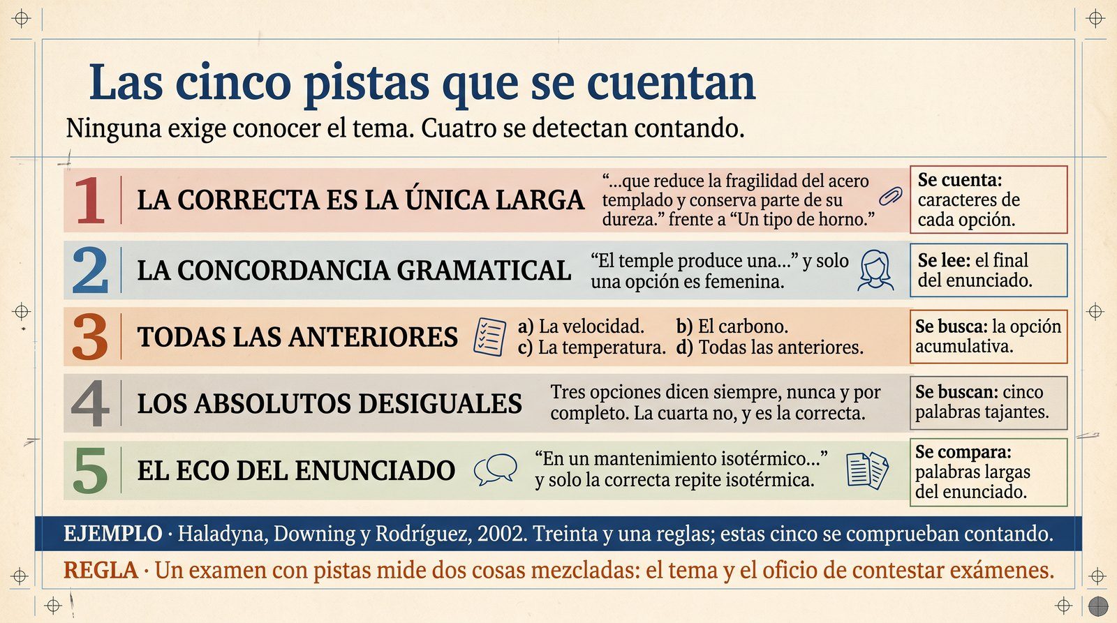 Infografía: las cinco pistas de forma con el reactivo que las lleva y la manera exacta de contarlas: longitud, concordancia, absolutos, eco del enunciado y opción acumulativa.