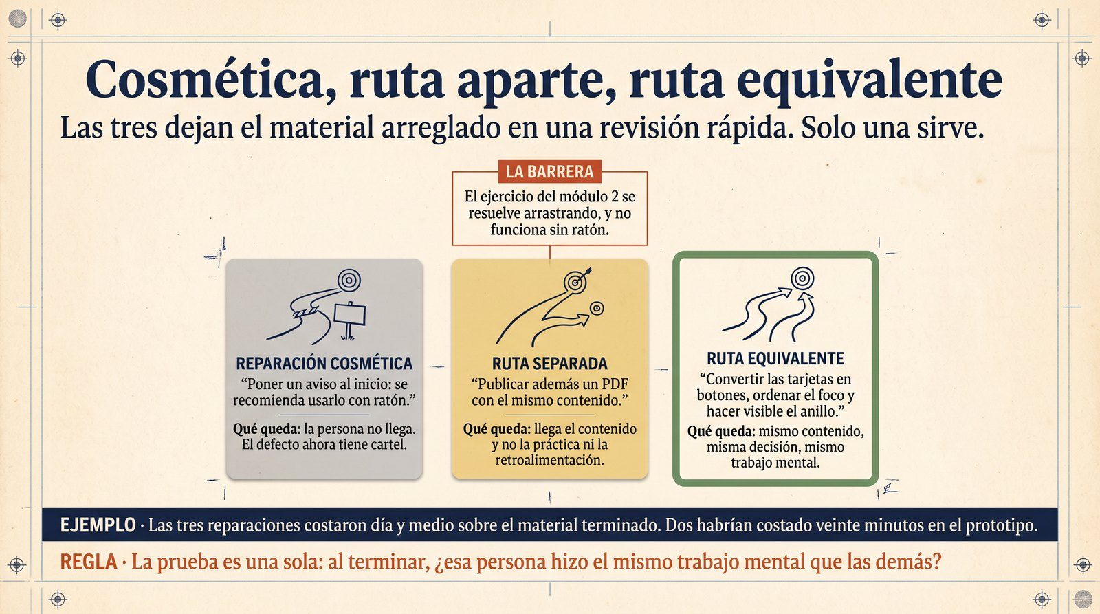 Infografía: la misma barrera con sus tres reparaciones —cosmética, ruta separada y ruta equivalente— y qué queda haciendo la persona en cada caso.