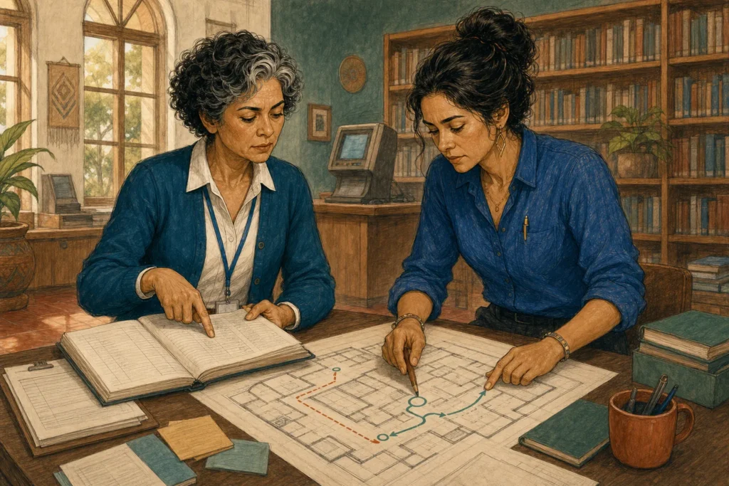 Dos diseñadoras instruccionales revisan juntas el plano de un recorrido de aprendizaje sobre una mesa de biblioteca