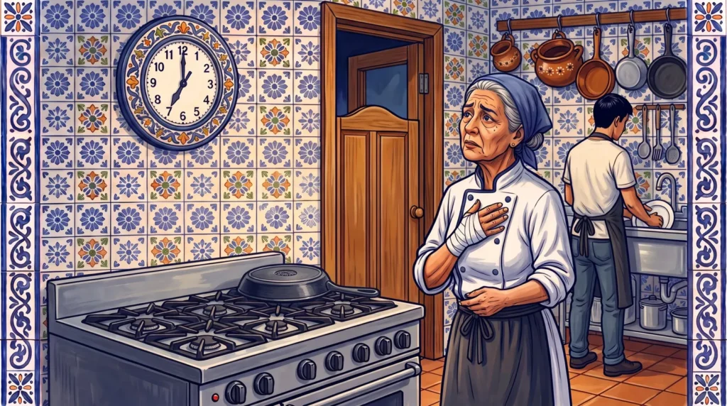 Amparo, cocinera de una fonda, mira el reloj de talavera a las siete de la noche mientras Jonás lava los trastes